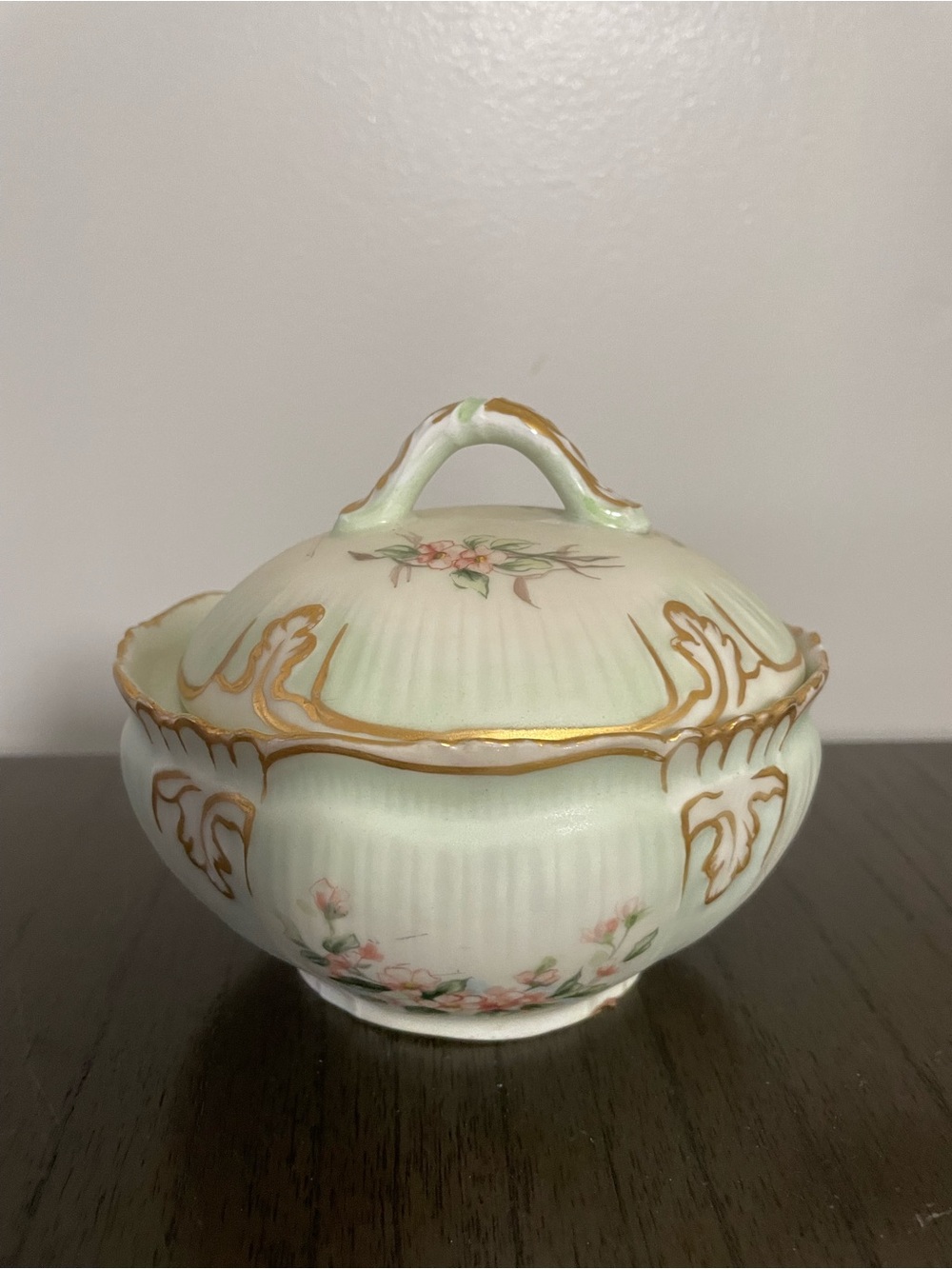 Limoges Pale Green and Pink Floral Porcelain Covered Bowl with Gold Trim